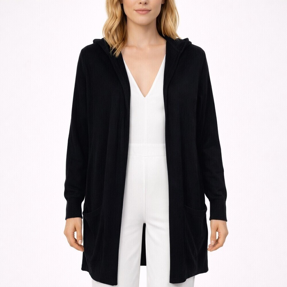 LYR by Splendid Hooded Open Front Cardigan Sweater Size Small Black Loop knit